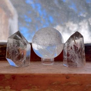 3 piece Quartz & Lodalite (garden quartz) crystal bundle! with sphere stand